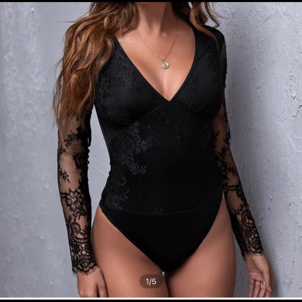 Black long sleeve lace bodysuit